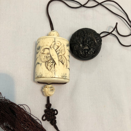 Japanese Carved Inro Complete With A Dragon Netsuke.