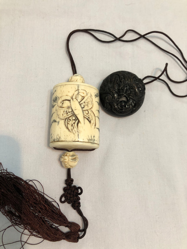 Japanese Carved Inro Complete With A Dragon Netsuke.