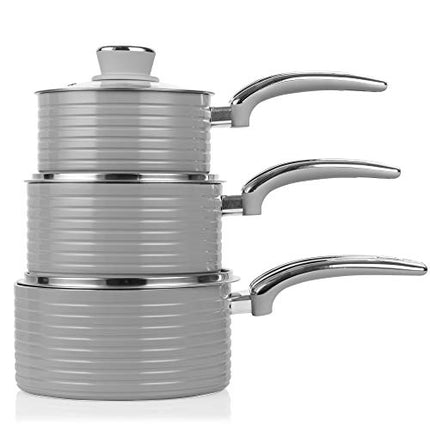 Swan SWPS5020GRN Retro 5 Piece Aluminium Pan Set with Glass Lid, Non-Stick Ceramic Coating, Grey