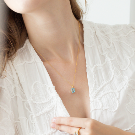 Blue topaz Emerald Cut Pendant Necklace in 18k Gold Vermeil