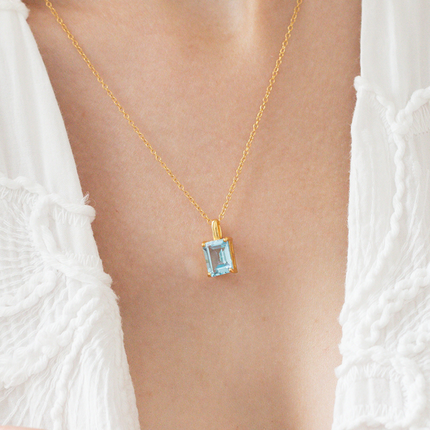 Blue topaz Emerald Cut Pendant Necklace in 18k Gold Vermeil