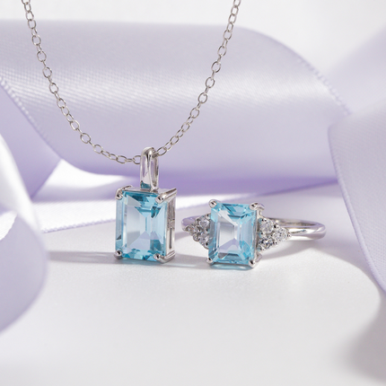 Blue Topaz Emerald Cut Pendant Necklace in Sterling Silver