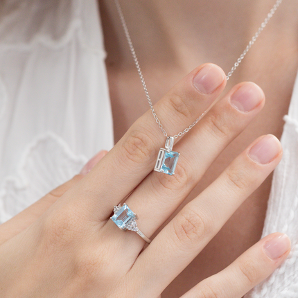 Blue Topaz Emerald Cut Pendant Necklace in Sterling Silver