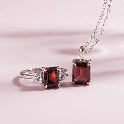 Garnet Emerald Cut Pendant Necklace in Sterling Silver