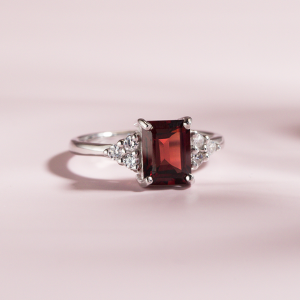 Garnet Emerald Cut Ring in Sterling Silver