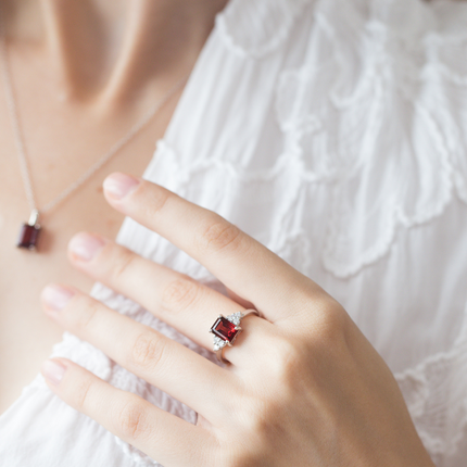 Garnet Emerald Cut Ring in Sterling Silver
