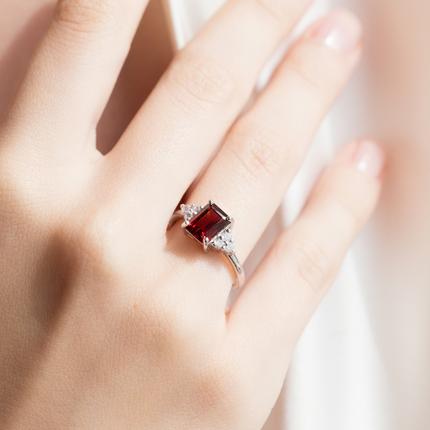 Garnet Emerald Cut Ring in Sterling Silver