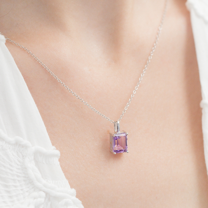 Lavender Amethyst Emerald Cut Pendant Necklace in Sterling Silver