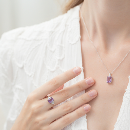 Lavender Amethyst Emerald Cut Ring in Sterling Silver