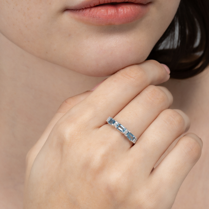 London Blue Topaz Emerald Cut Eternity Ring in Sterling Silver