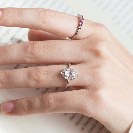 Pink Morganite Halo Ring in Sterling Silver