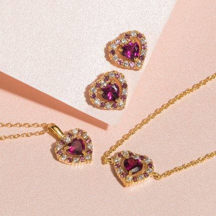 Valentine's Gift Set - Red Heart Rhodolite Garnet Jewellery Set in 18k Gold Vermeil