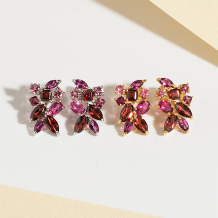 Large Red Gemstone Cluster Earrings in Sterling Silver