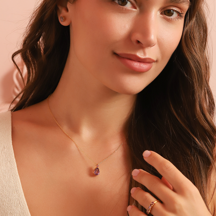 Pink Ruby & Amethyst Pear Cut Pendant Necklace in 18k Gold Vermeil