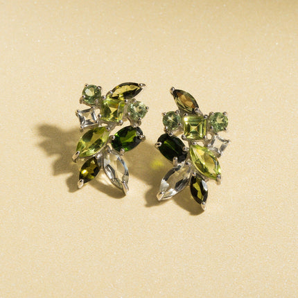 Large Green Gemstone Cluster Earrings in Sterling Silver