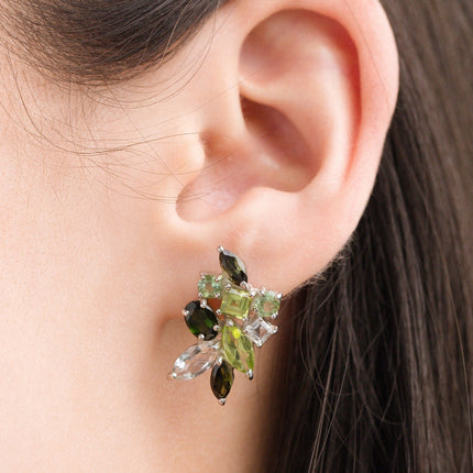 Large Green Gemstone Cluster Earrings in Sterling Silver