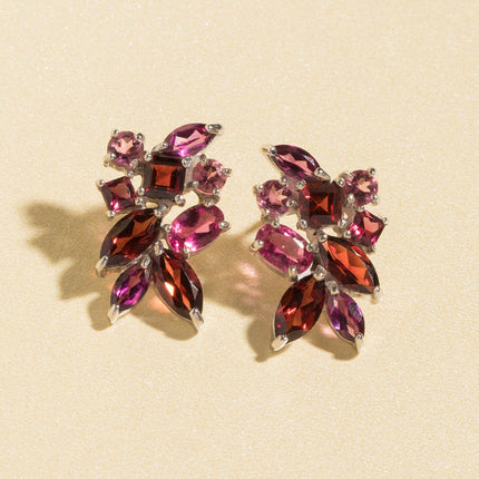 Large Red Gemstone Cluster Earrings in Sterling Silver