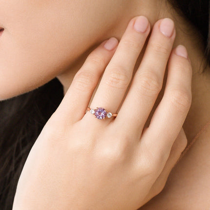 Lavender Amethyst Three Stone Ring in 18k Rose Gold Vermeil