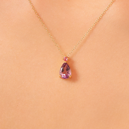 Pink Ruby & Amethyst Pear Cut Pendant Necklace in 18k Gold Vermeil