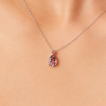 Pink Ruby & Amethyst Pear Cut Pendant Necklace in Sterling Silver