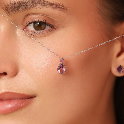 Pink Ruby & Amethyst Pear Cut Pendant Necklace in Sterling Silver