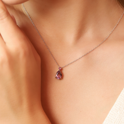 Pink Ruby & Amethyst Pear Cut Pendant Necklace in Sterling Silver