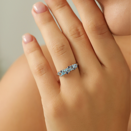 Blue Sapphire & Blue Topaz Pear Cut Half Eternity Band in Sterling Silver