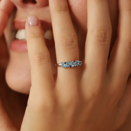 Blue Sapphire & Blue Topaz Pear Cut Half Eternity Band in Sterling Silver