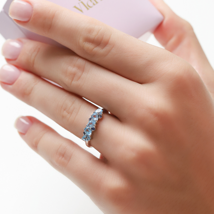 Blue Sapphire & Blue Topaz Pear Cut Half Eternity Band in Sterling Silver