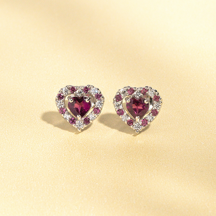 Red Heart Rhodolite Garnet Stud Earrings in Sterling Silver