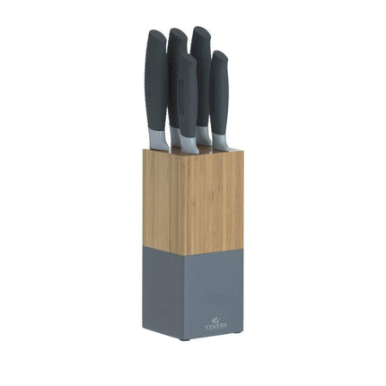 Viners Horizon Knife Block Set of 6-Piece, 5 Kitchen Knives and Bamboo Knife Holder, Chef, Santoku, Carving, Utility and Paring Knives, Grey,