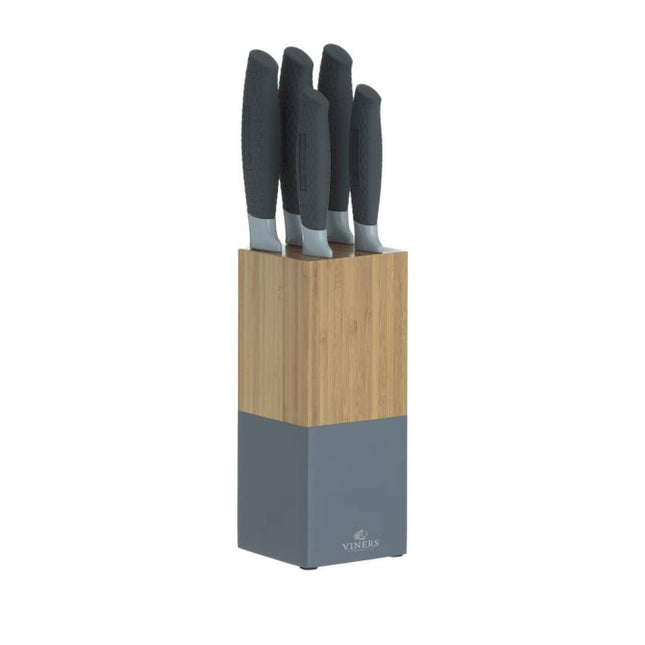 Viners Horizon Knife Block Set of 6-Piece, 5 Kitchen Knives and Bamboo Knife Holder, Chef, Santoku, Carving, Utility and Paring Knives, Grey,