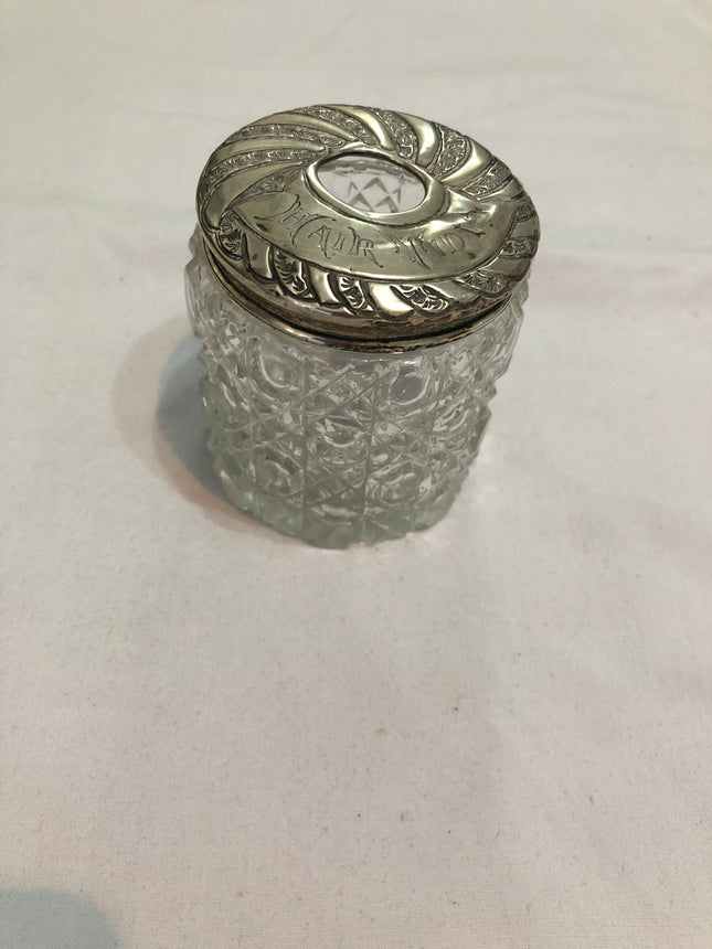 Antique Cut Glass Silver Topped Dressing Table Pot.