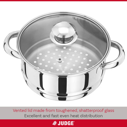 Judge Essentials Stainless Steel 3 Tier Steamer 18cm, Vented Glass Lid, Integral Casserole Pot, Oven Safe, Induction Ready, 25 Year Guarantee