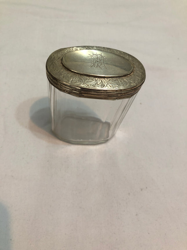 Antique Glass Silver Topped Dressing Table Pot.
