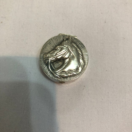 Silver Pill Box with Horses Head Embossed On Lid.