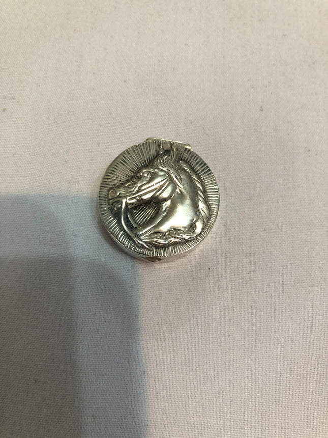 Silver Pill Box with Horses Head Embossed On Lid.