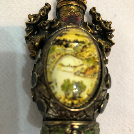 Oriental Inside Painted Landscape Scene Brass Snuff/Scent Bottle.