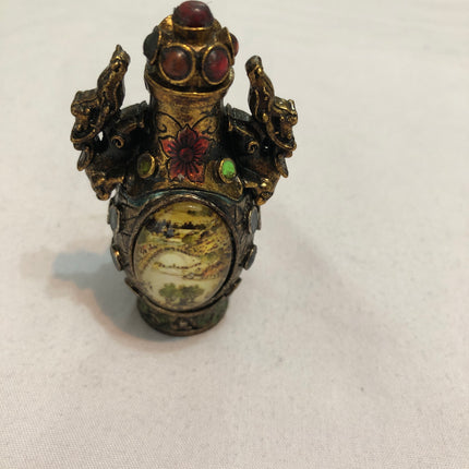 Oriental Inside Painted Landscape Scene Brass Snuff/Scent Bottle.