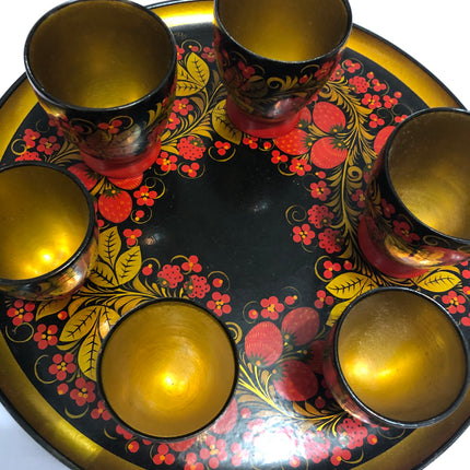 Vintage Russian Khokhloma Plate, Cups & Musical Decanter.