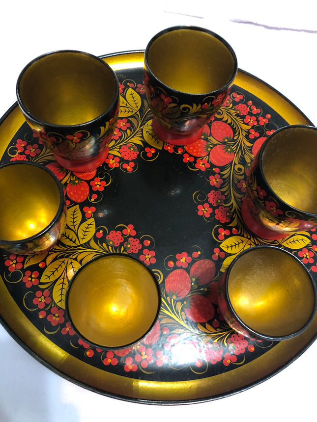 Vintage Russian Khokhloma Plate, Cups & Musical Decanter.