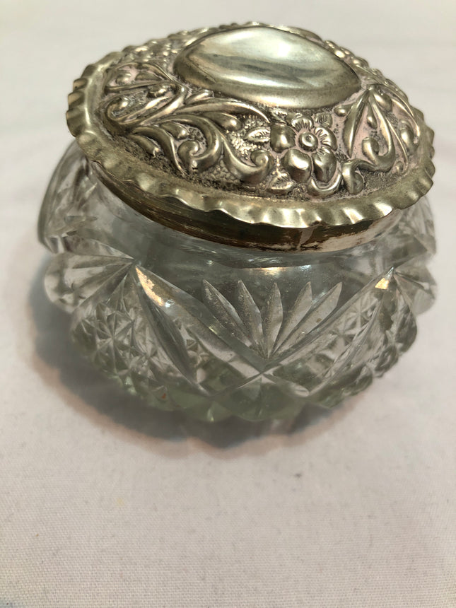 Antique Cut Glass Silver Topped Dressing Table Pot.