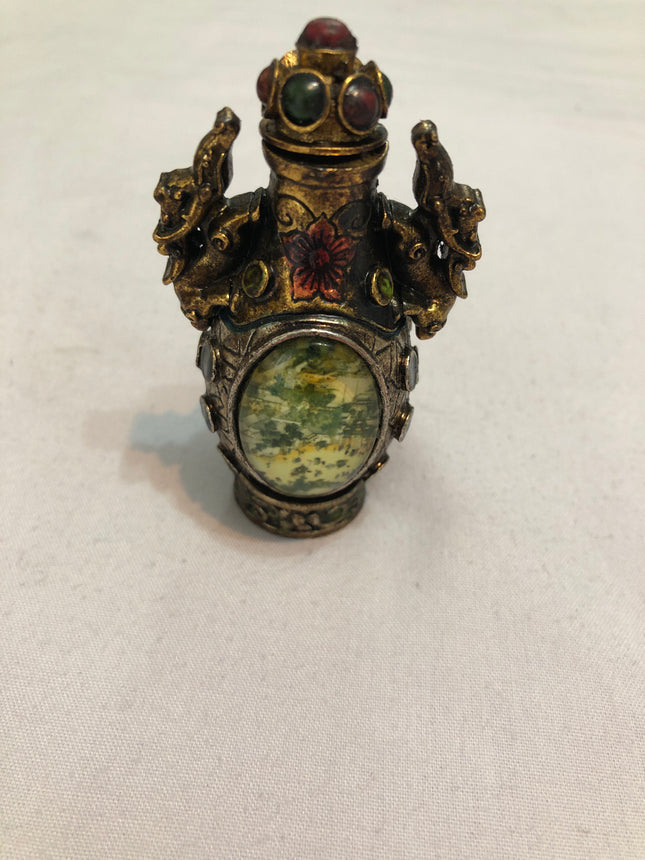 Oriental Inside Painted Landscape Scene Brass Snuff/Scent Bottle.