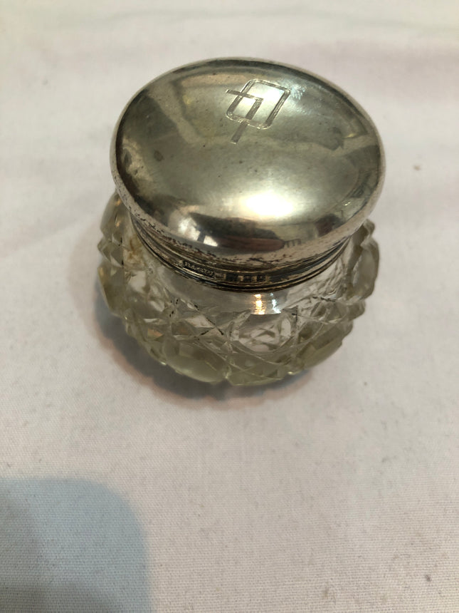 Antique Silver Topped Cut Glass Dressing Table Pot.