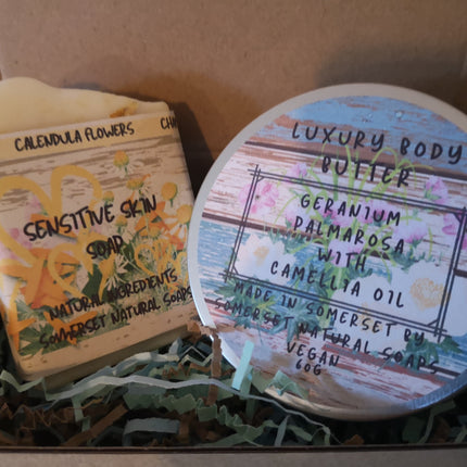 Gift set Geranium & Palmarosa Luxury Body Butter and Geranium & Chamomile Luxury Handmade Vegan Soap