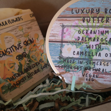 Gift set Geranium & Palmarosa Luxury Body Butter and Geranium & Chamomile Luxury Handmade Vegan Soap