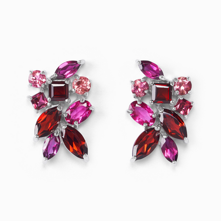 Large Red Gemstone Cluster Earrings in Sterling Silver