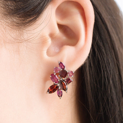 Large Red Gemstone Cluster Earrings in Sterling Silver