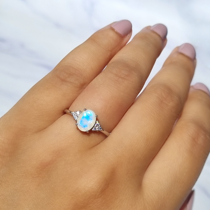 Rainbow Moonstone Ring in Sterling Silver (Oval Cut)