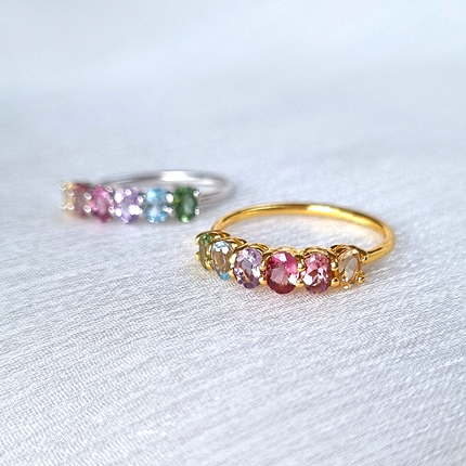 Rainbow Multicoloured Gemstone Half Eternity Ring in 18k Gold Vermeil